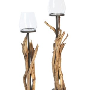 WMG Windlicht Raisa, H 135cm, Metall schwarz braun mit Naturholz und geschwungenem Glas | Windlichthalter | Kerzenleuchter | Standwindlicht